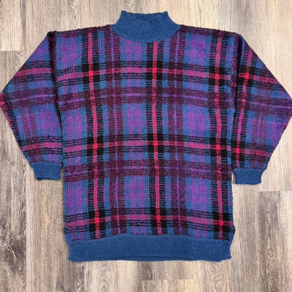 I.C Isaacs Wool Mohair Blend Plaid Sweater Purple/Red Cosby Men's M Baggy